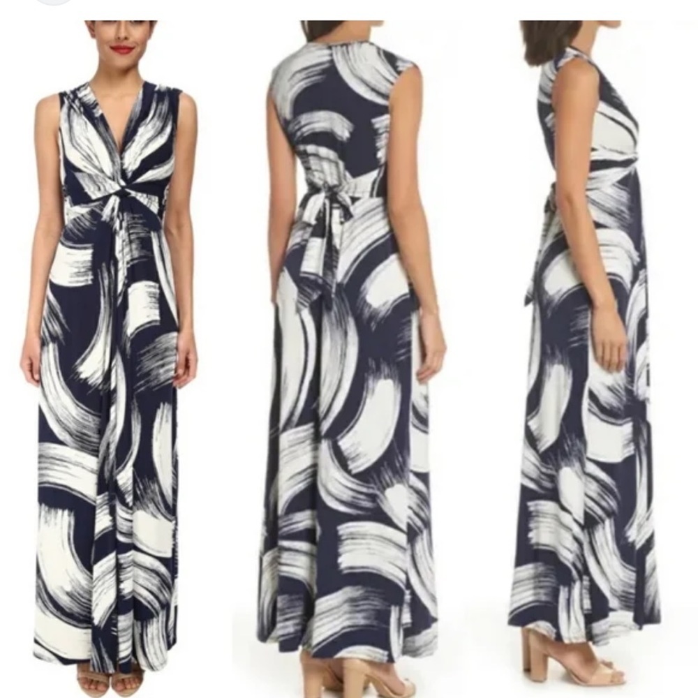 Eliza j navy blue cream vneck tie waist maxi dress size 8